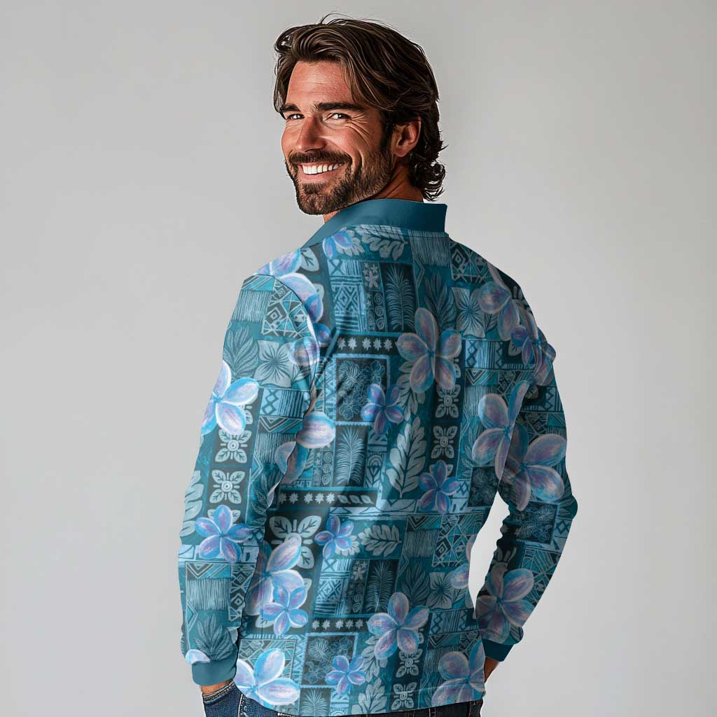Cyan Hawaii Plumeria With Tropical Flowers Motifs Long Sleeve Polo Shirt LT14 - Polynesian Pride