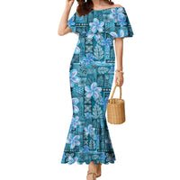 Cyan Hawaii Plumeria With Tropical Flowers Motifs Mermaid Dress LT14 Women Cyan - Polynesian Pride