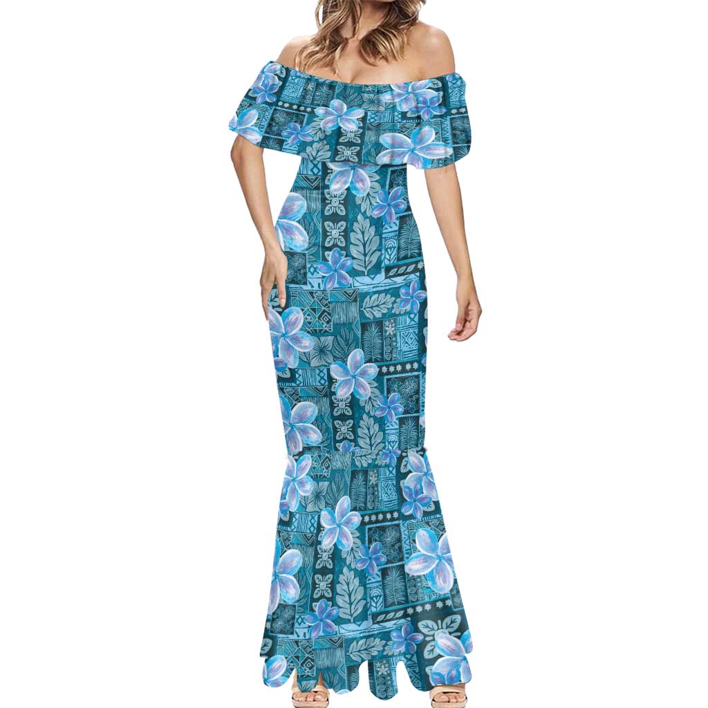 Cyan Hawaii Plumeria With Tropical Flowers Motifs Mermaid Dress LT14 - Polynesian Pride