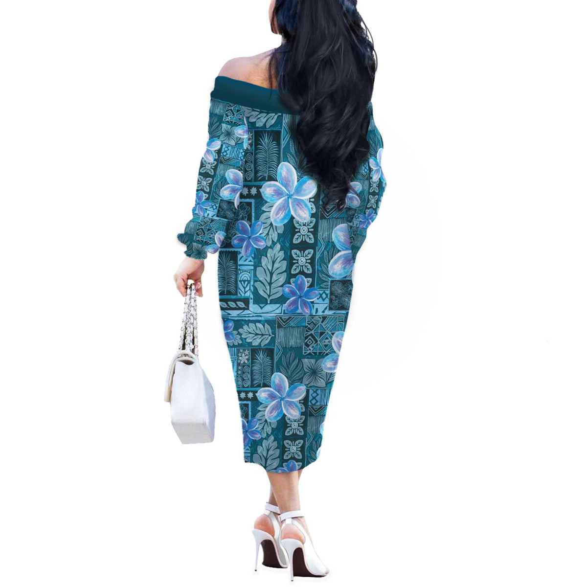 Cyan Hawaii Plumeria With Tropical Flowers Motifs Off The Shoulder Long Sleeve Dress LT14 - Polynesian Pride