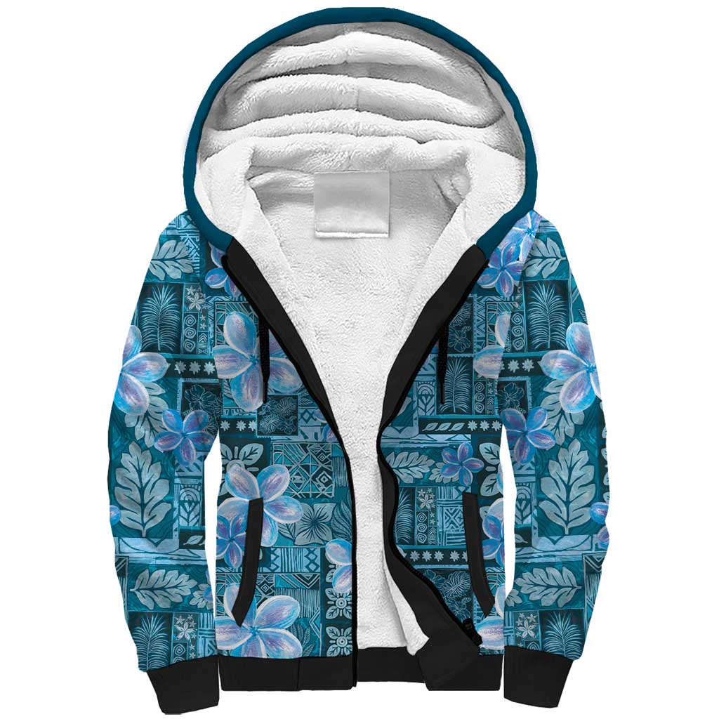 Cyan Hawaii Plumeria With Tropical Flowers Motifs Sherpa Hoodie LT14 Unisex Cyan - Polynesian Pride