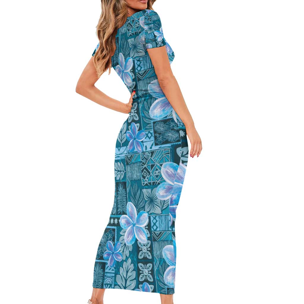Cyan Hawaii Plumeria With Tropical Flowers Motifs Short Sleeve Bodycon Dress LT14 - Polynesian Pride