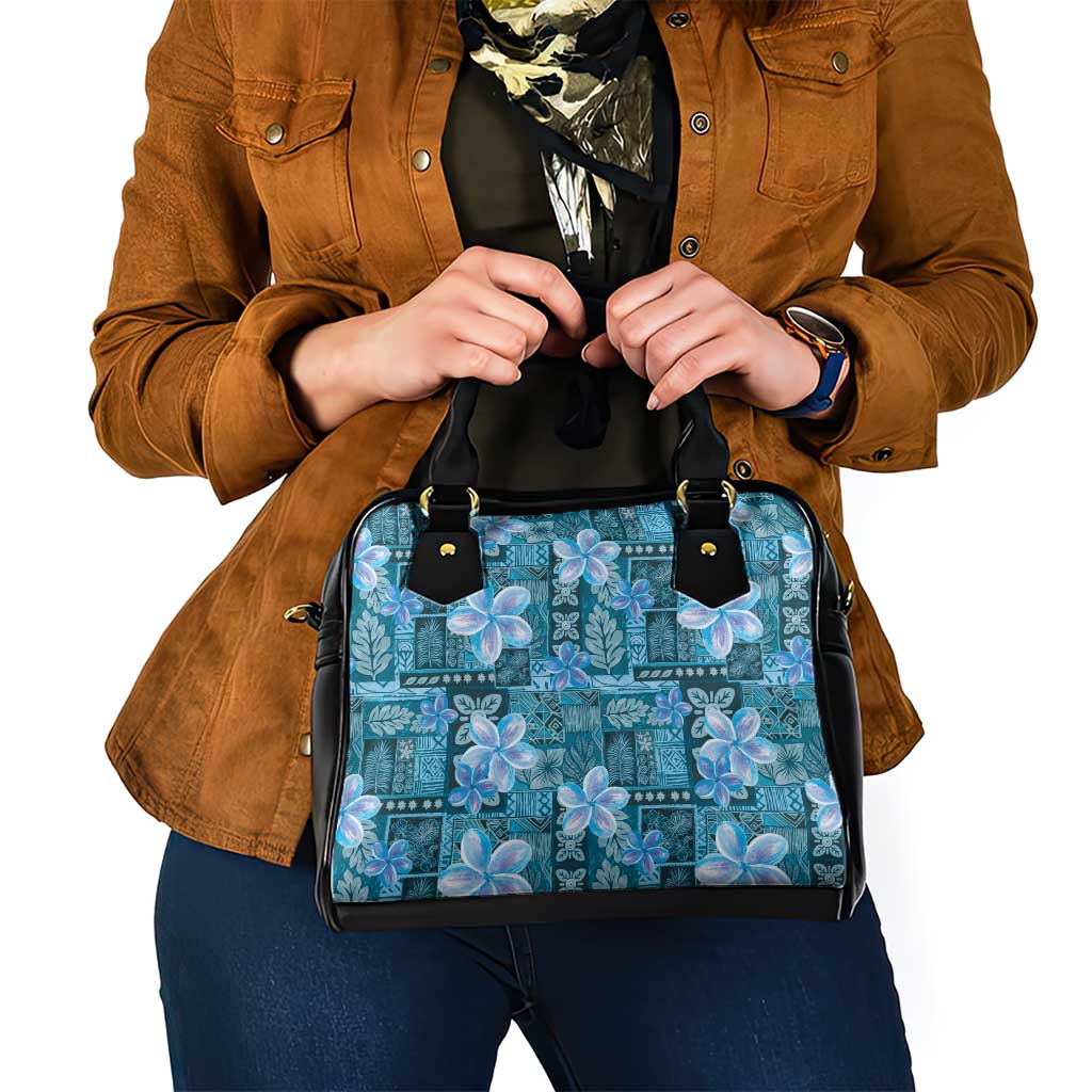 Cyan Hawaii Plumeria With Tropical Flowers Motifs Shoulder Handbag