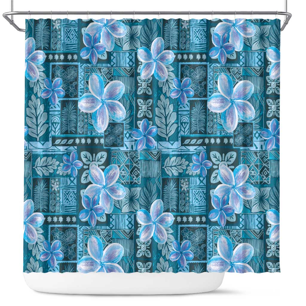 Cyan Hawaii Plumeria With Tropical Flowers Motifs Shower Curtain LT14 Cyan - Polynesian Pride