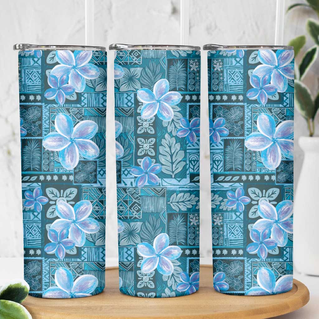 Cyan Hawaii Plumeria With Tropical Flowers Motifs Skinny Tumbler LT14 - Polynesian Pride