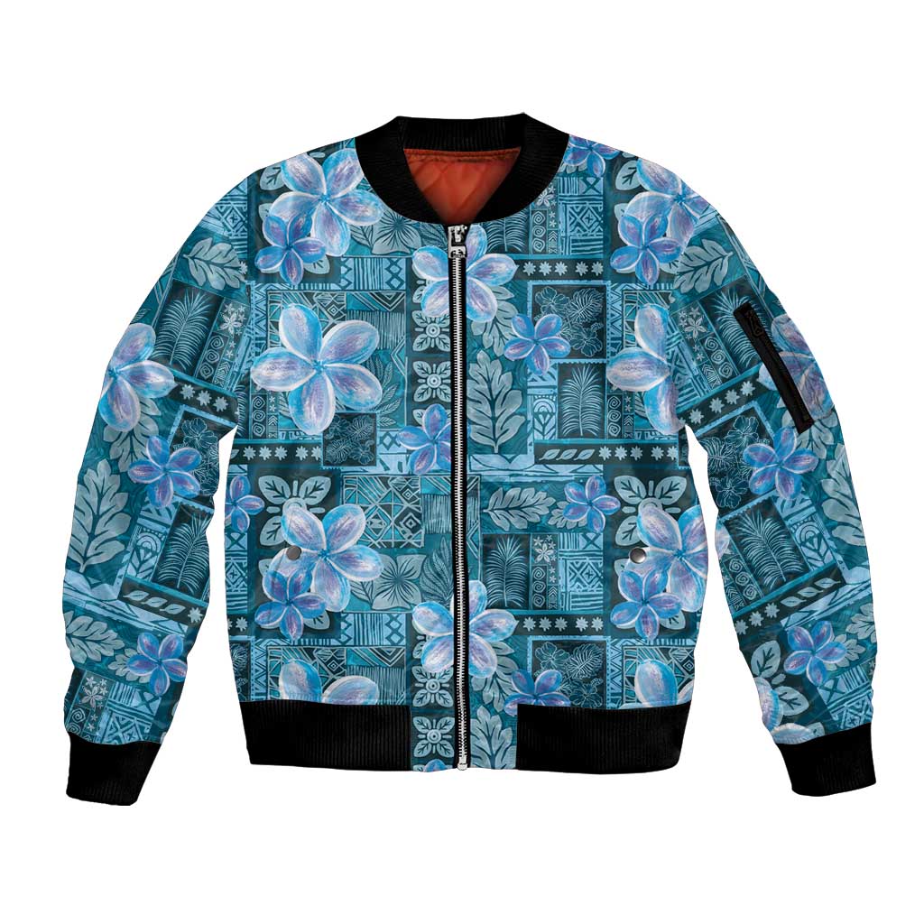 Cyan Hawaii Plumeria With Tropical Flowers Motifs Sleeve Zip Bomber Jacket LT14 Unisex Cyan - Polynesian Pride