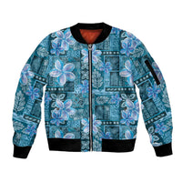Cyan Hawaii Plumeria With Tropical Flowers Motifs Sleeve Zip Bomber Jacket LT14 Unisex Cyan - Polynesian Pride