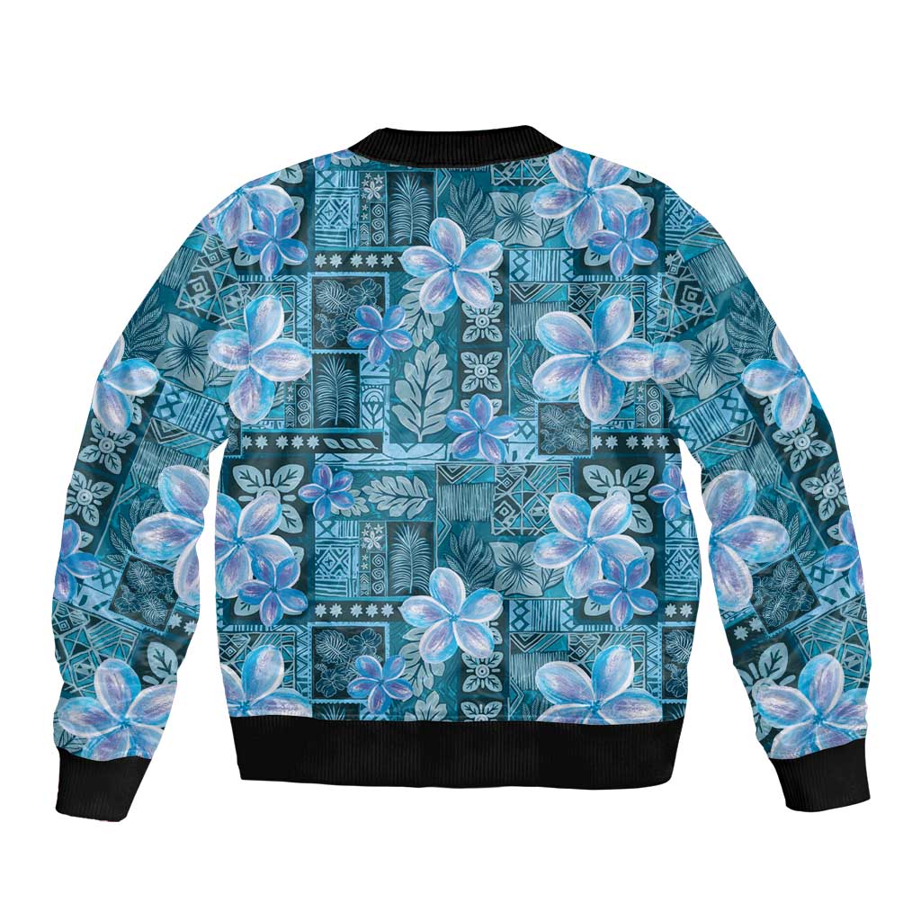 Cyan Hawaii Plumeria With Tropical Flowers Motifs Sleeve Zip Bomber Jacket LT14 - Polynesian Pride