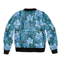 Cyan Hawaii Plumeria With Tropical Flowers Motifs Sleeve Zip Bomber Jacket LT14 - Polynesian Pride