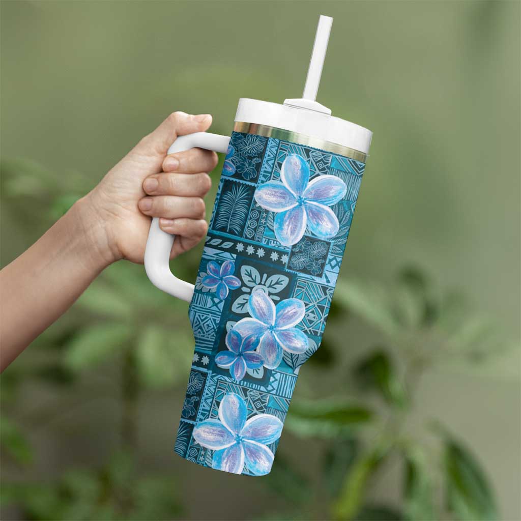 Cyan Hawaii Plumeria With Tropical Flowers Motifs Tumbler With Handle
