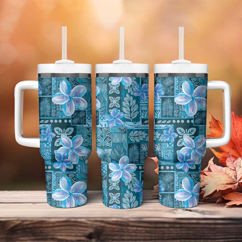 Cyan Hawaii Plumeria With Tropical Flowers Motifs Tumbler With Handle