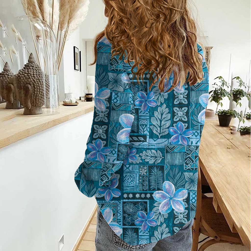 Cyan Hawaii Plumeria With Tropical Flowers Motifs Women Casual Shirt LT14 - Polynesian Pride