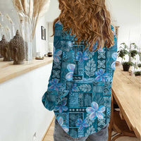 Cyan Hawaii Plumeria With Tropical Flowers Motifs Women Casual Shirt LT14 - Polynesian Pride
