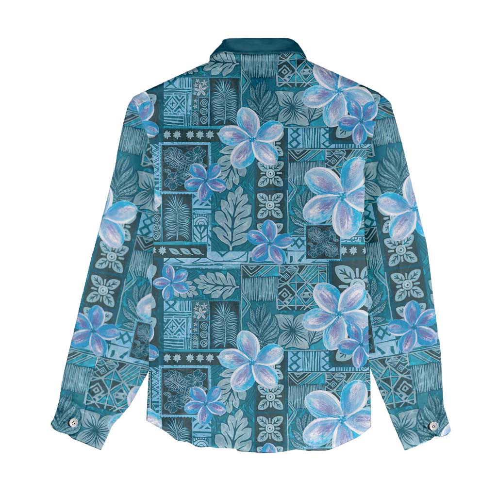 Cyan Hawaii Plumeria With Tropical Flowers Motifs Women Casual Shirt LT14 - Polynesian Pride