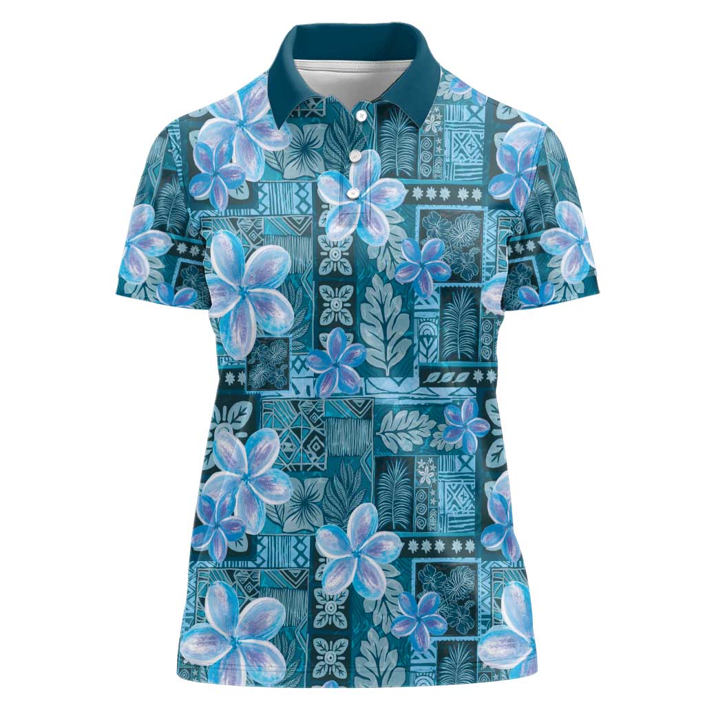 Cyan Hawaii Plumeria With Tropical Flowers Motifs Women Polo Shirt LT14 Female Cyan - Polynesian Pride