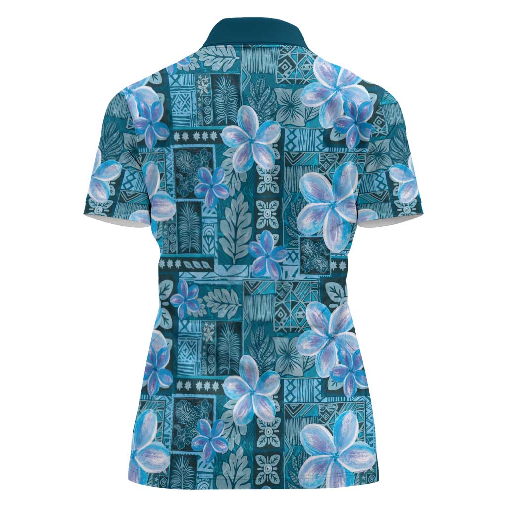 Cyan Hawaii Plumeria With Tropical Flowers Motifs Women Polo Shirt LT14 - Polynesian Pride
