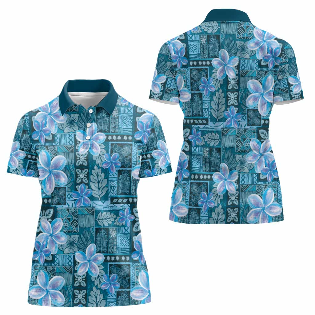 Cyan Hawaii Plumeria With Tropical Flowers Motifs Women Polo Shirt LT14 - Polynesian Pride