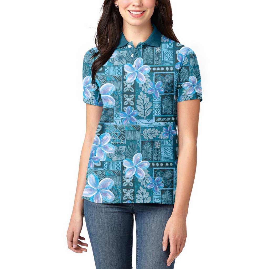 Cyan Hawaii Plumeria With Tropical Flowers Motifs Women Polo Shirt LT14 - Polynesian Pride