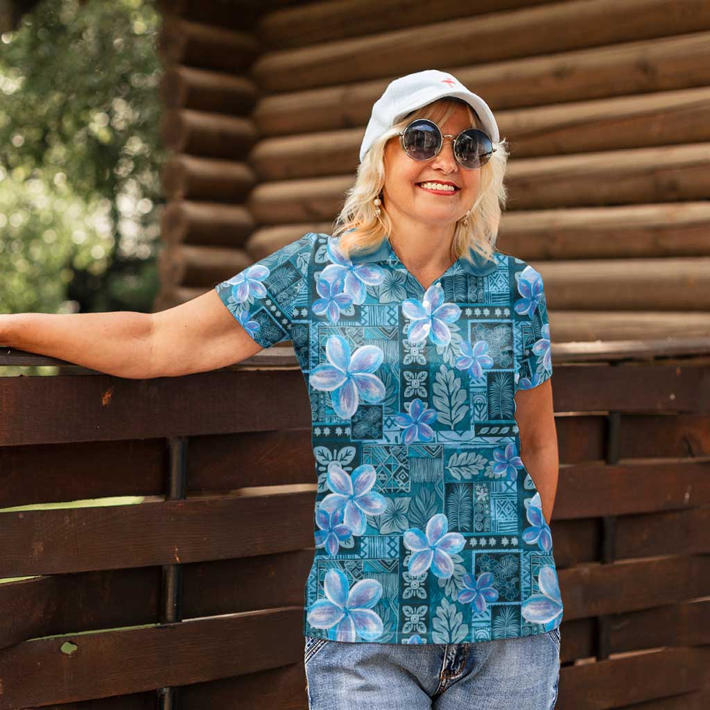 Cyan Hawaii Plumeria With Tropical Flowers Motifs Women Polo Shirt LT14 - Polynesian Pride