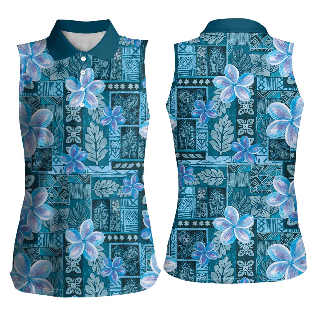 Cyan Hawaii Plumeria With Tropical Flowers Motifs Women Sleeveless Polo Shirt LT14 - Polynesian Pride