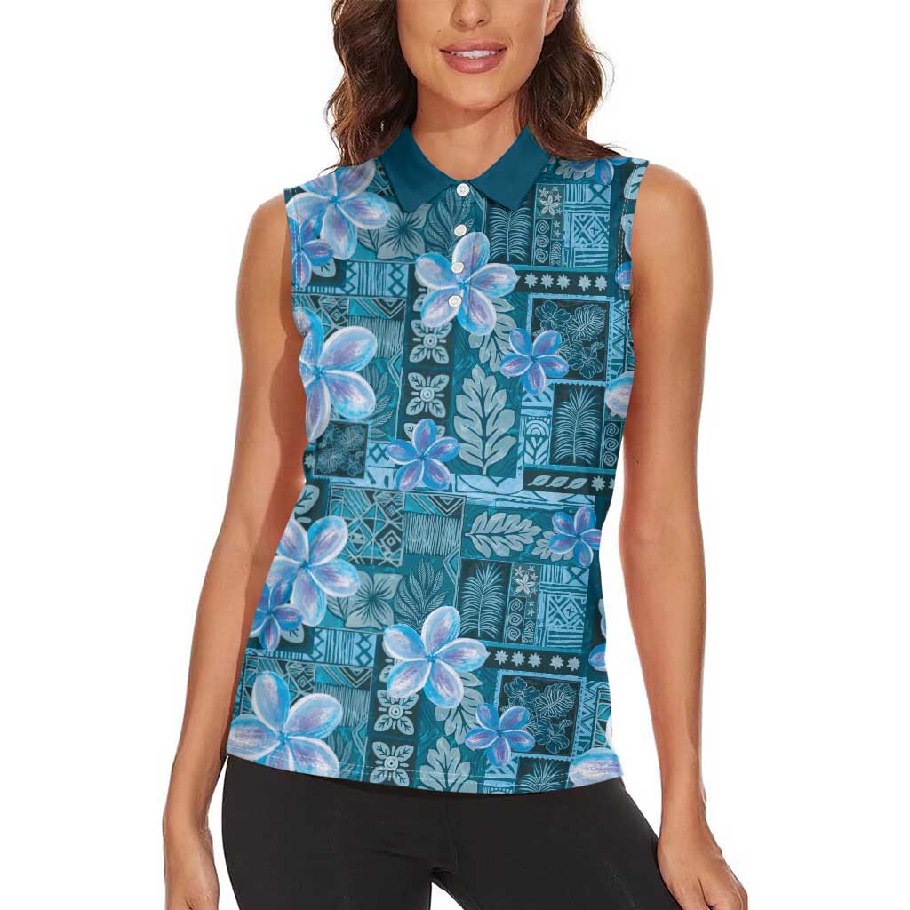 Cyan Hawaii Plumeria With Tropical Flowers Motifs Women Sleeveless Polo Shirt LT14 - Polynesian Pride