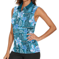 Cyan Hawaii Plumeria With Tropical Flowers Motifs Women Sleeveless Polo Shirt LT14 - Polynesian Pride