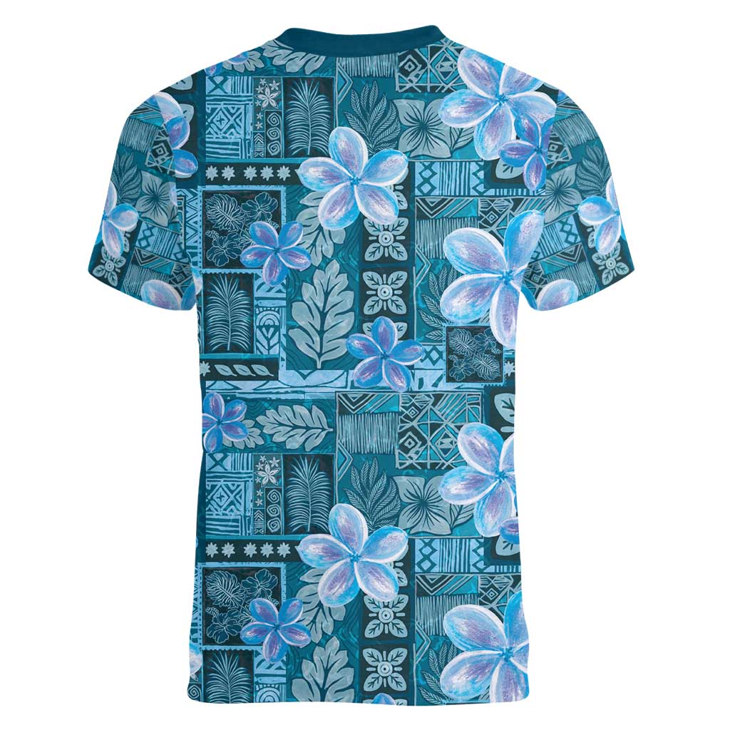 Cyan Hawaii Plumeria With Tropical Flowers Motifs Women V-Neck T-Shirt LT14 - Polynesian Pride