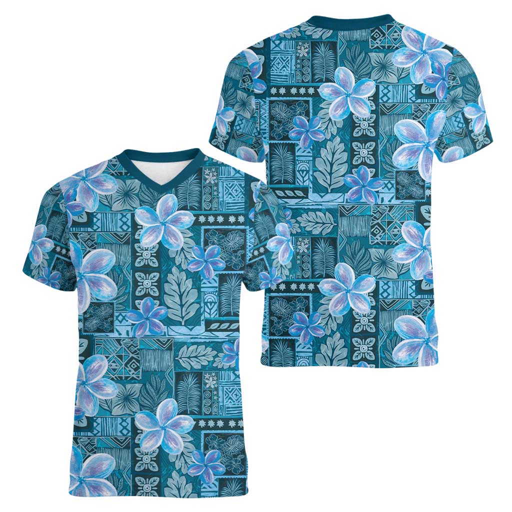 Cyan Hawaii Plumeria With Tropical Flowers Motifs Women V-Neck T-Shirt LT14 - Polynesian Pride