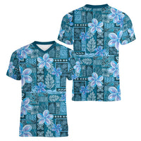 Cyan Hawaii Plumeria With Tropical Flowers Motifs Women V-Neck T-Shirt LT14 - Polynesian Pride