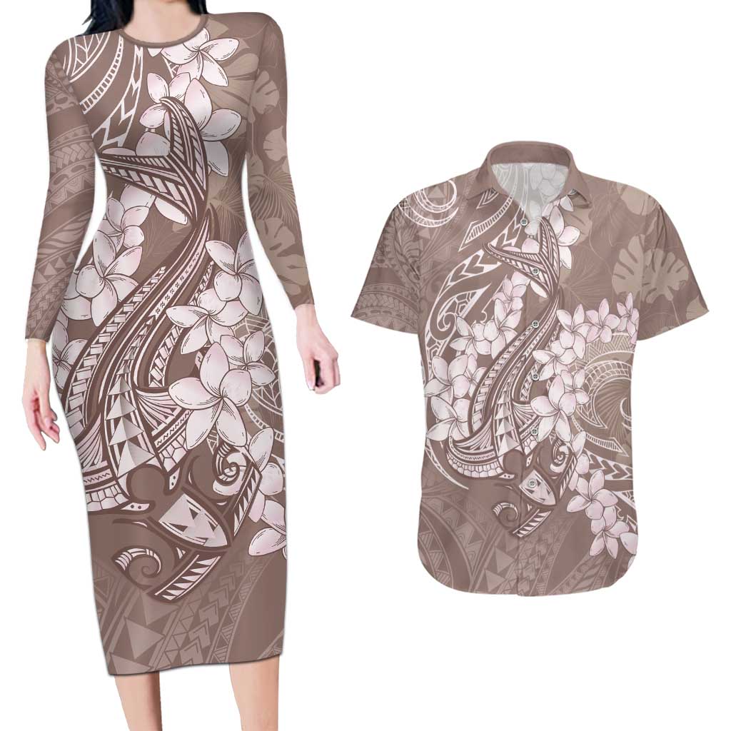 Polynesia Hammerhead Shark Tattoo With Plumeria Lei Couples Matching Long Sleeve Bodycon Dress and Hawaiian Shirt LT14 Mocha - Polynesian Pride