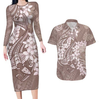 Polynesia Hammerhead Shark Tattoo With Plumeria Lei Couples Matching Long Sleeve Bodycon Dress and Hawaiian Shirt LT14 Mocha - Polynesian Pride