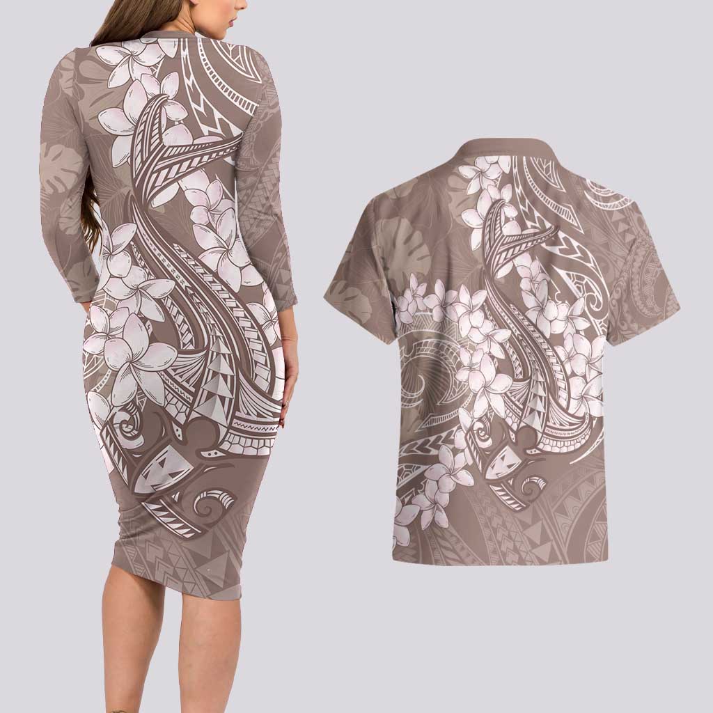 Polynesia Hammerhead Shark Tattoo With Plumeria Lei Couples Matching Long Sleeve Bodycon Dress and Hawaiian Shirt LT14 - Polynesian Pride