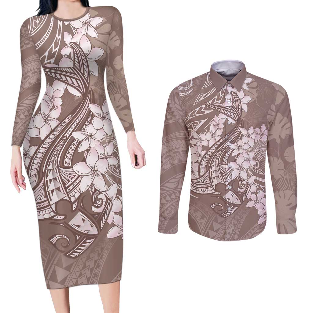 Polynesia Hammerhead Shark Tattoo With Plumeria Lei Couples Matching Long Sleeve Bodycon Dress and Long Sleeve Button Shirt LT14 Mocha - Polynesian Pride