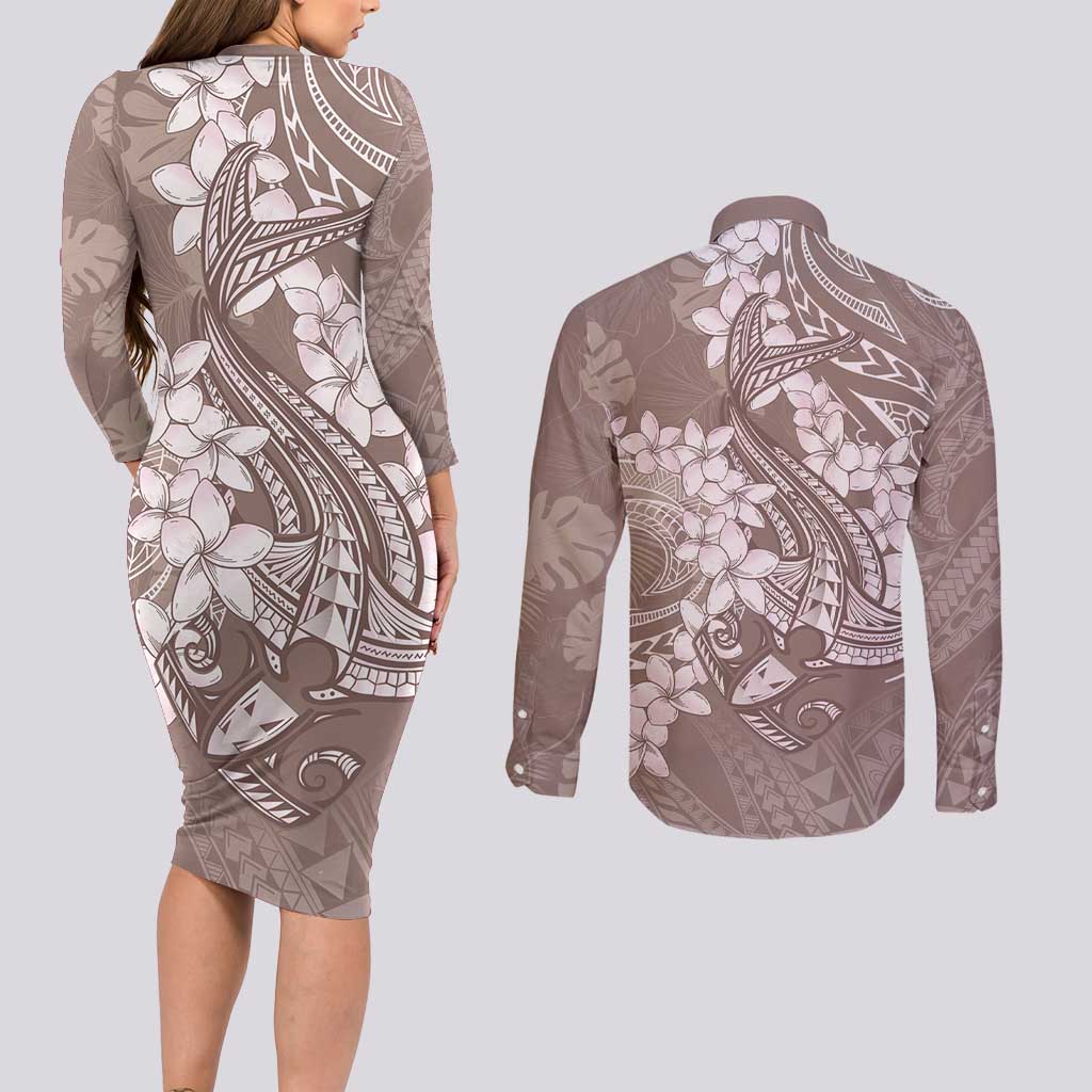Polynesia Hammerhead Shark Tattoo With Plumeria Lei Couples Matching Long Sleeve Bodycon Dress and Long Sleeve Button Shirt LT14 - Polynesian Pride