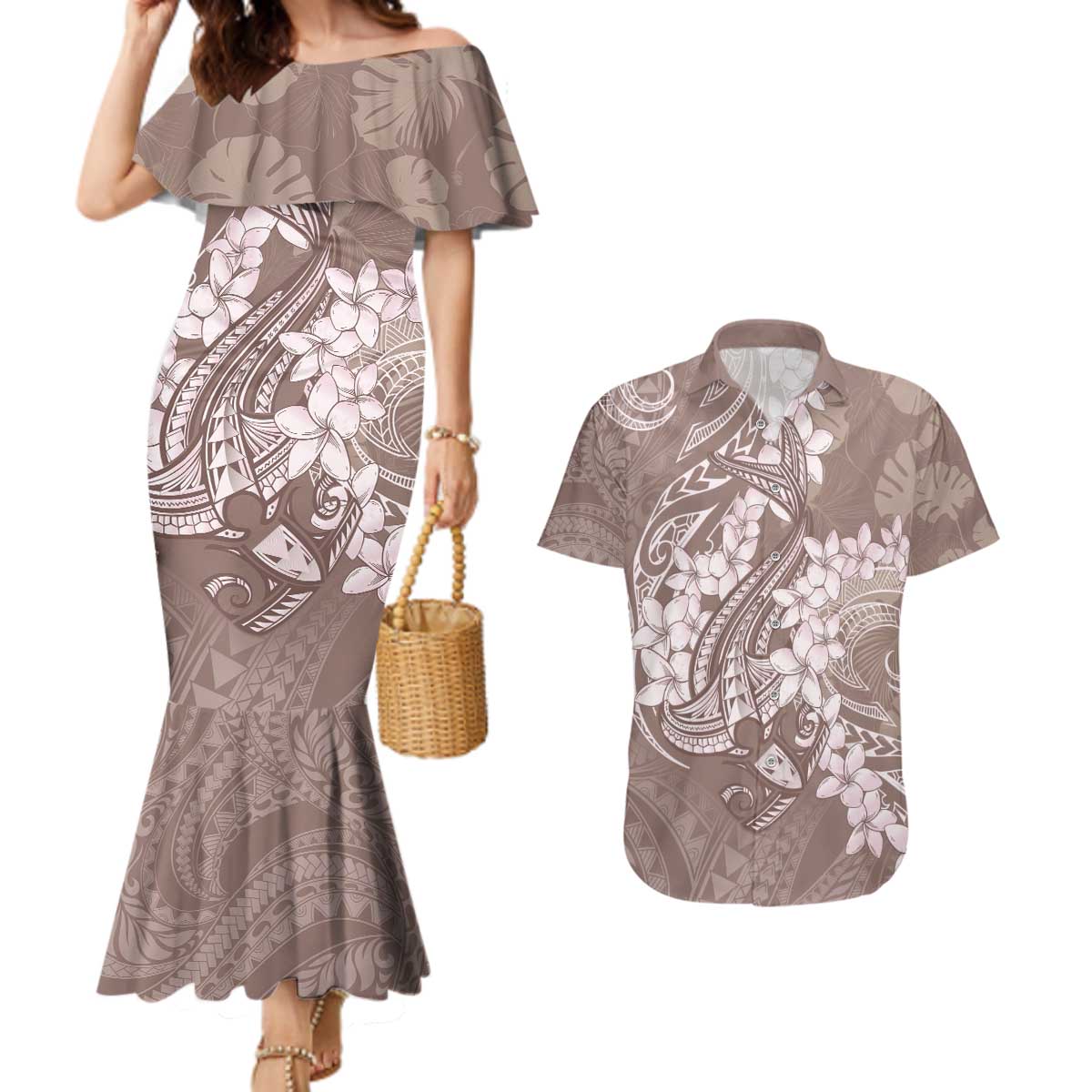 Polynesia Hammerhead Shark Tattoo With Plumeria Lei Couples Matching Mermaid Dress and Hawaiian Shirt LT14 Mocha - Polynesian Pride