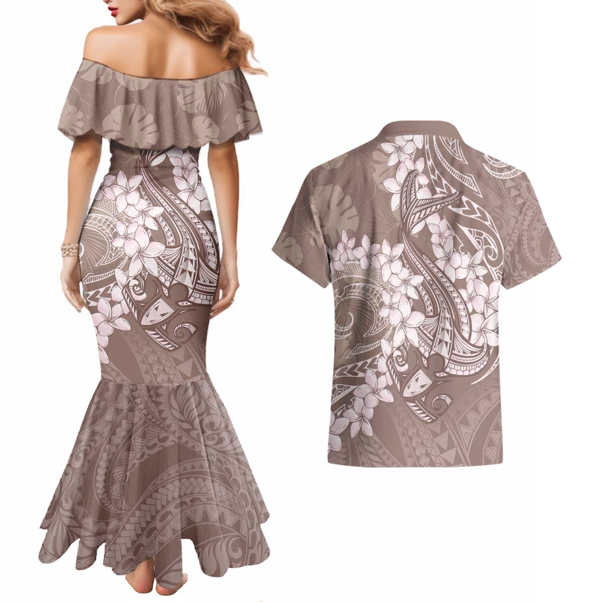 Polynesia Hammerhead Shark Tattoo With Plumeria Lei Couples Matching Mermaid Dress and Hawaiian Shirt LT14 - Polynesian Pride