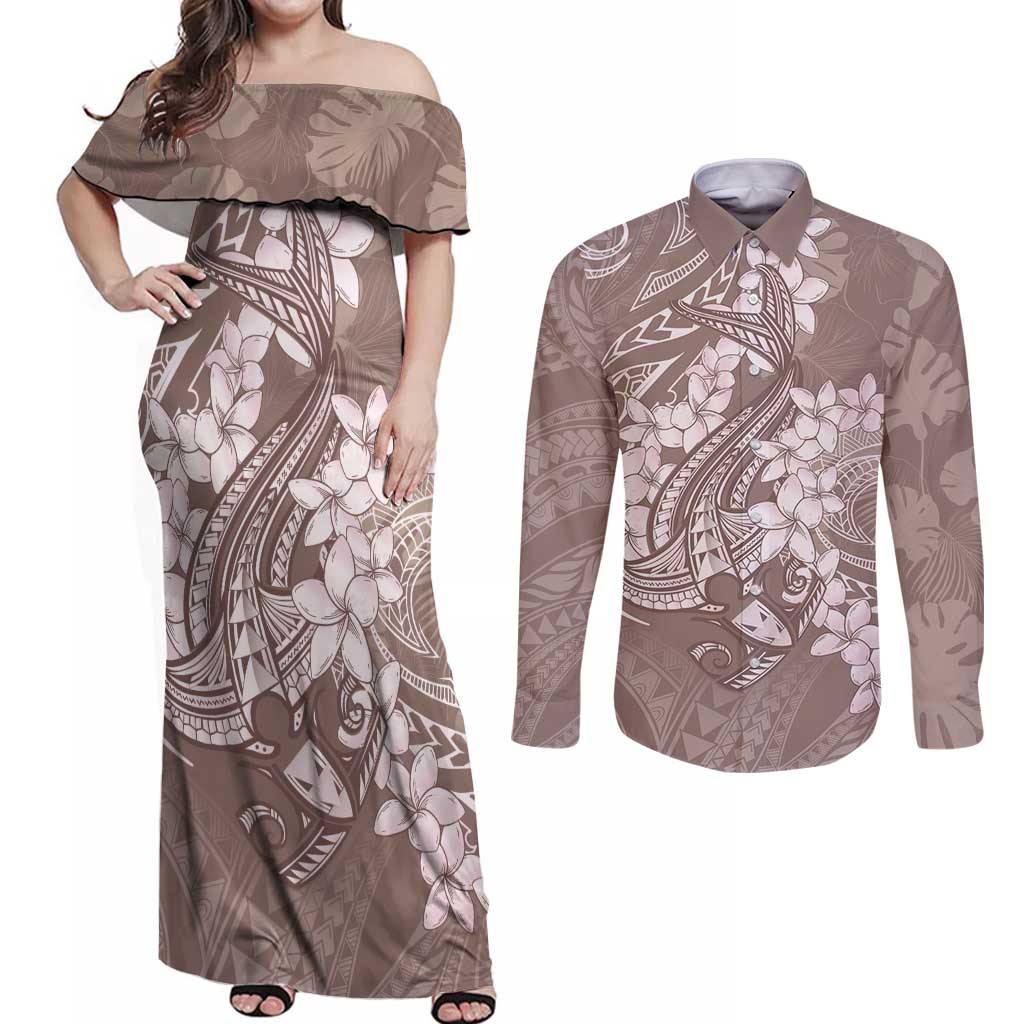 Polynesia Hammerhead Shark Tattoo With Plumeria Lei Couples Matching Off Shoulder Maxi Dress and Long Sleeve Button Shirt