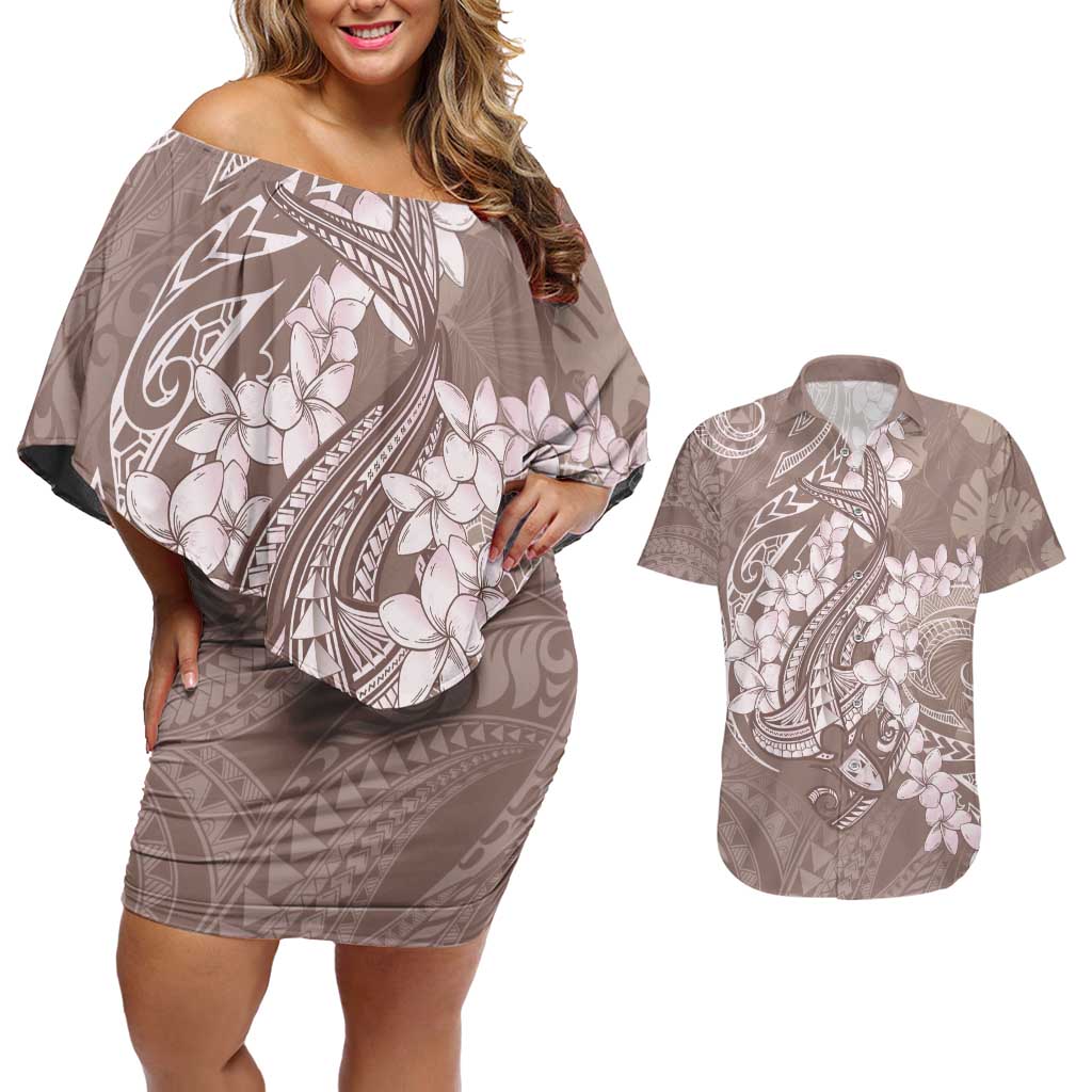 Polynesia Hammerhead Shark Tattoo With Plumeria Lei Couples Matching Off Shoulder Short Dress and Hawaiian Shirt LT14 Mocha - Polynesian Pride