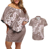 Polynesia Hammerhead Shark Tattoo With Plumeria Lei Couples Matching Off Shoulder Short Dress and Hawaiian Shirt LT14 Mocha - Polynesian Pride
