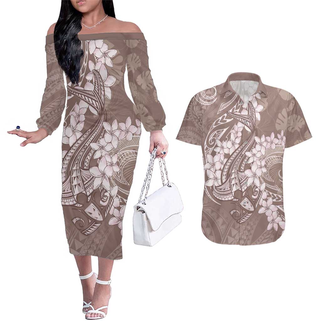 Polynesia Hammerhead Shark Tattoo With Plumeria Lei Couples Matching Off The Shoulder Long Sleeve Dress and Hawaiian Shirt LT14 Mocha - Polynesian Pride