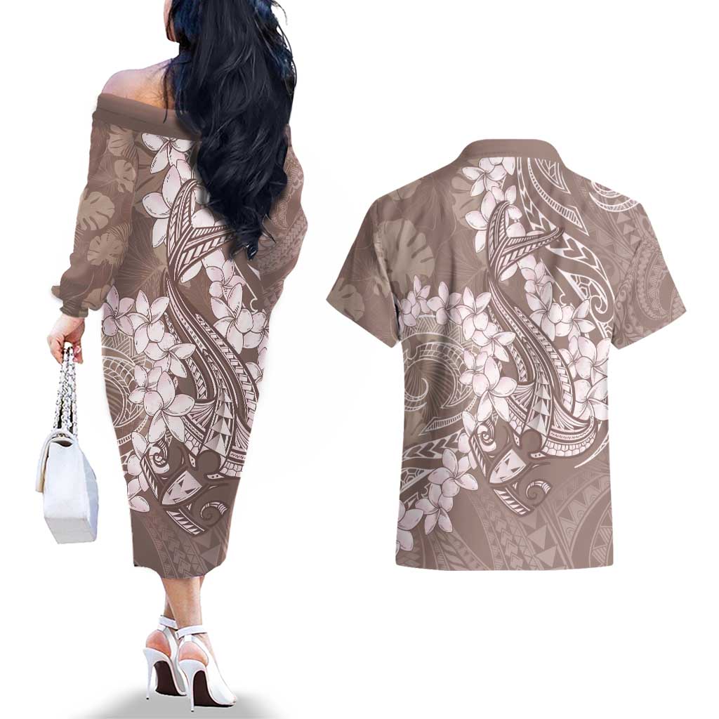 Polynesia Hammerhead Shark Tattoo With Plumeria Lei Couples Matching Off The Shoulder Long Sleeve Dress and Hawaiian Shirt LT14 - Polynesian Pride