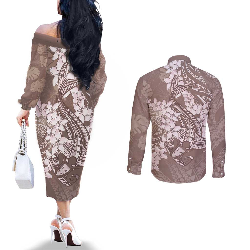 Polynesia Hammerhead Shark Tattoo With Plumeria Lei Couples Matching Off The Shoulder Long Sleeve Dress and Long Sleeve Button Shirt LT14 - Polynesian Pride