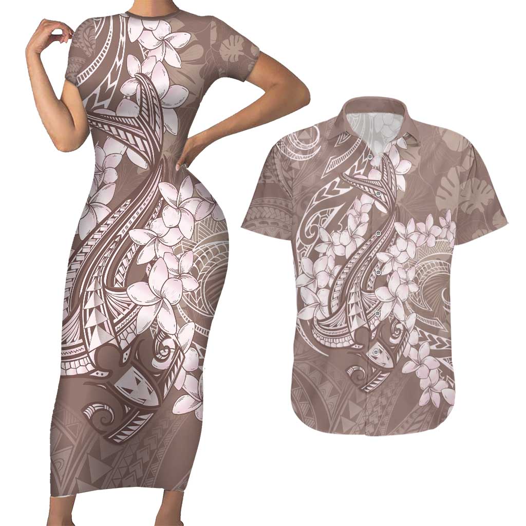 Polynesia Hammerhead Shark Tattoo With Plumeria Lei Couples Matching Short Sleeve Bodycon Dress and Hawaiian Shirt LT14 Mocha - Polynesian Pride