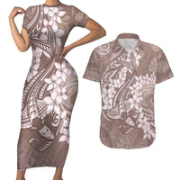 Polynesia Hammerhead Shark Tattoo With Plumeria Lei Couples Matching Short Sleeve Bodycon Dress and Hawaiian Shirt LT14 Mocha - Polynesian Pride