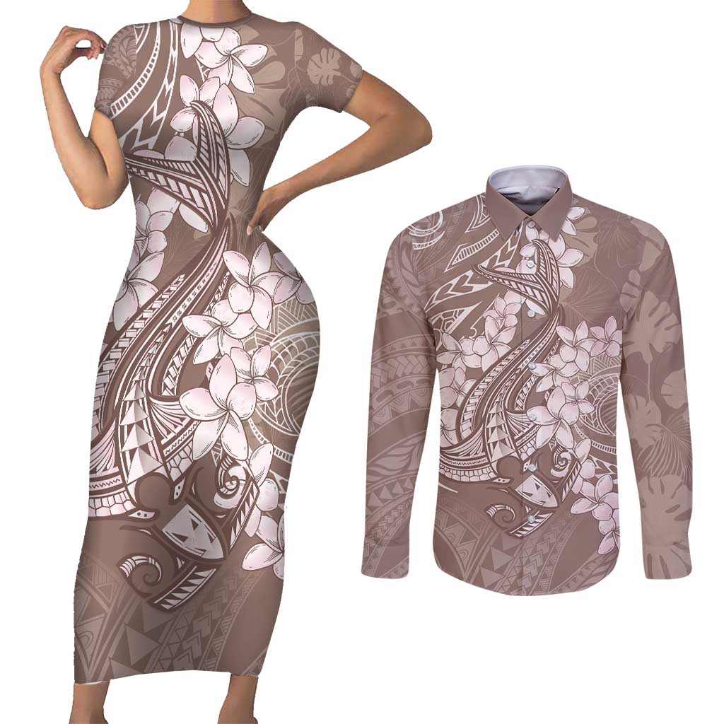 Polynesia Hammerhead Shark Tattoo With Plumeria Lei Couples Matching Short Sleeve Bodycon Dress and Long Sleeve Button Shirt LT14 Mocha - Polynesian Pride