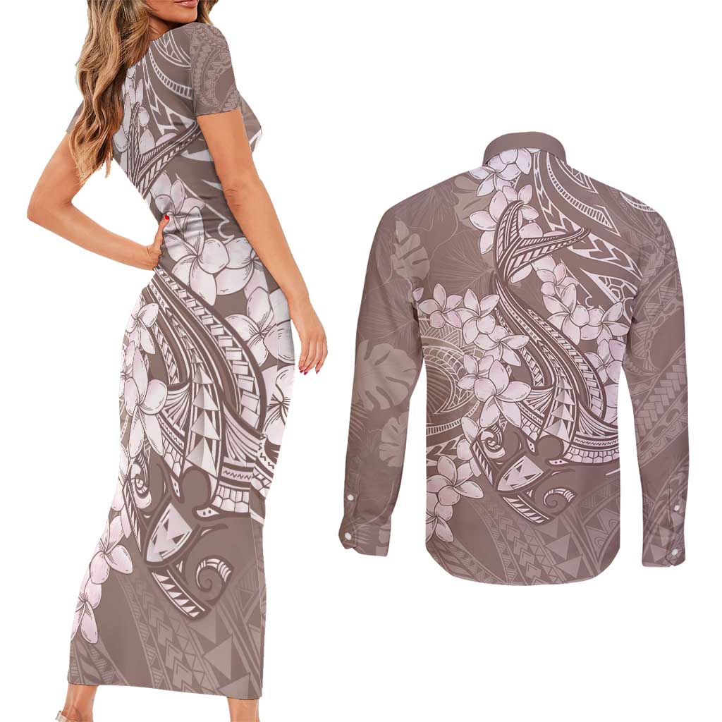 Polynesia Hammerhead Shark Tattoo With Plumeria Lei Couples Matching Short Sleeve Bodycon Dress and Long Sleeve Button Shirt LT14 - Polynesian Pride