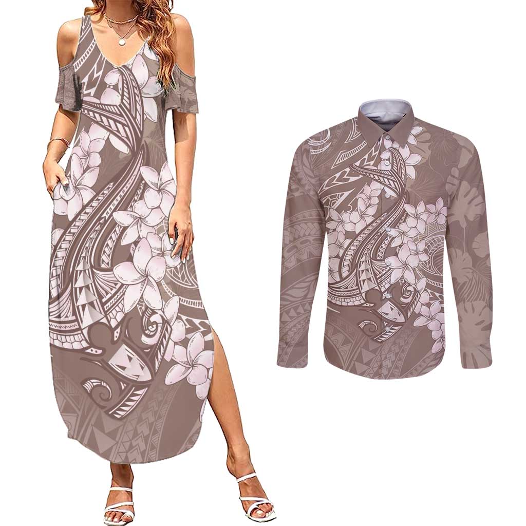 Polynesia Hammerhead Shark Tattoo With Plumeria Lei Couples Matching Summer Maxi Dress and Long Sleeve Button Shirt