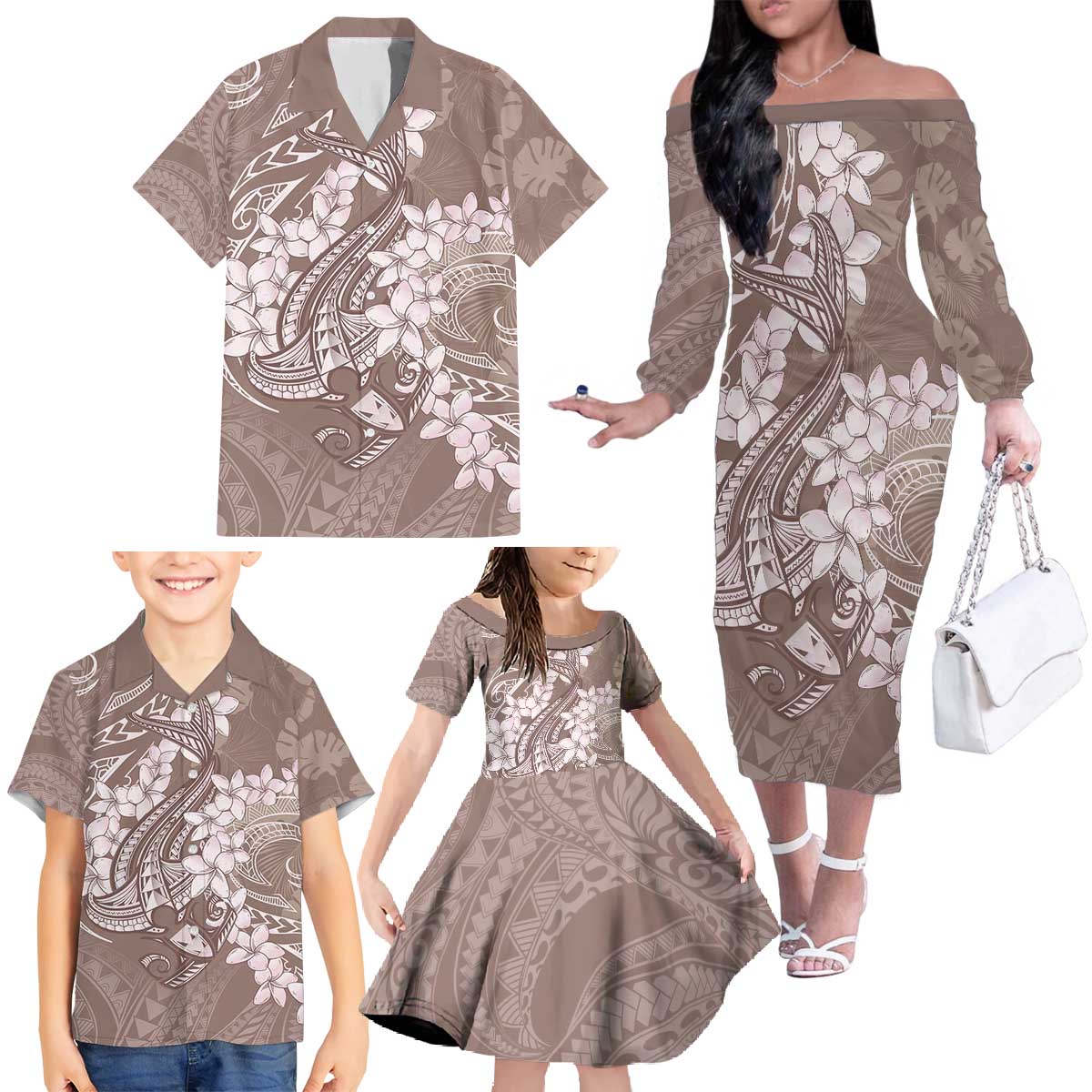 Polynesia Hammerhead Shark Tattoo With Plumeria Lei Family Matching Off The Shoulder Long Sleeve Dress and Hawaiian Shirt LT14 - Polynesian Pride