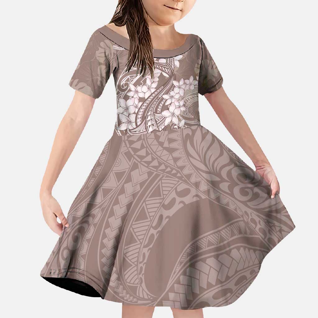 Polynesia Hammerhead Shark Tattoo With Plumeria Lei Family Matching Off Shoulder Maxi Dress and Hawaiian Shirt LT14 Daughter's Dress Mocha - Polynesian Pride
