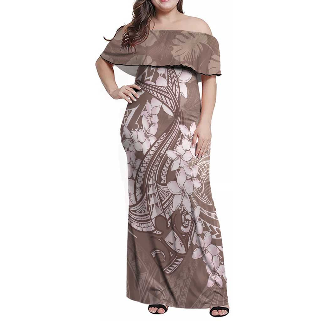 Polynesia Hammerhead Shark Tattoo With Plumeria Lei Family Matching Off Shoulder Maxi Dress and Hawaiian Shirt LT14 Mom's Dress Mocha - Polynesian Pride